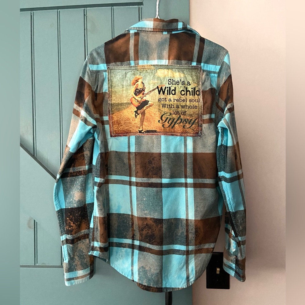 Blue and Brown Plaid Flannel Shirt with Graphic Patch Unisex Size Small